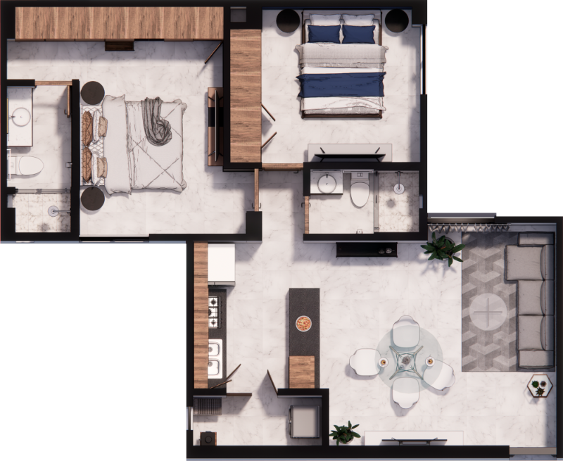 Distribución y planos del departamento Modelo Serena en Jardines de la Asunción